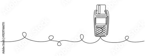 Payment terminal processing card over continuous line background. No editable stroke