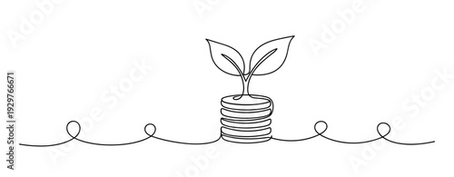 Seedling on coin stack growing in minimal continuous line design. No editable stroke