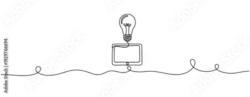 Light bulb idea emerging above tablet on white background. No editable stroke
