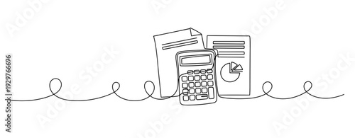 Calculator with financial documents on continuous line surface. No editable stroke