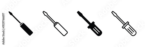 Set of four screwdriver icons with different designs for tools and repair