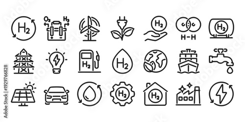 Set of icons on hydrogen energy and green technology