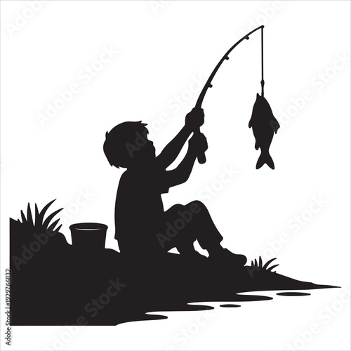 A black vector illustration shows a fisherman silhouette swinging a rod for sport fishing in the sea while a samurai with a sword catches a fish on the hook in this cartoon style scene