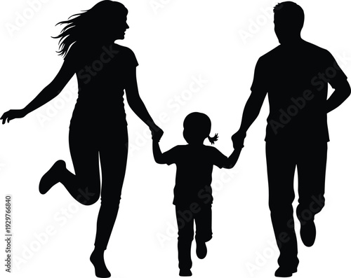 Black silhouettes of a happy mother and father running and holding hands with their young child for family lifestyle concepts.