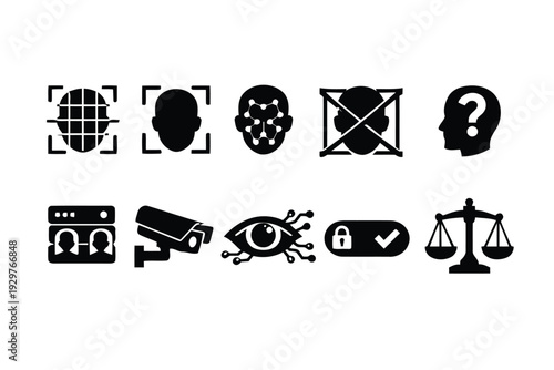 Set of icons representing security technology and surveillance systems
