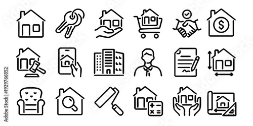 Set of line art icons for real estate, property, and home ownership transactions