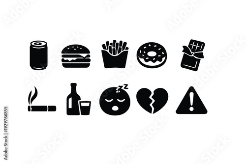 Set of icons representing unhealthy lifestyle choices and warning signs