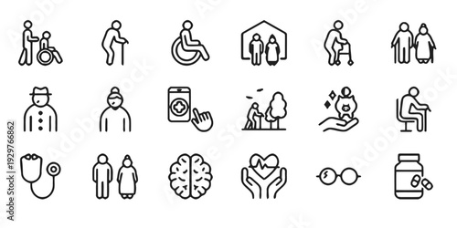 Set of line icons representing elderly people and medical services for senior care