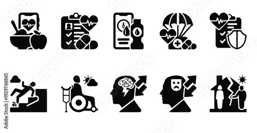 Set of medical and health care icons with elements like heart pulse nutrition pills and doctor visit