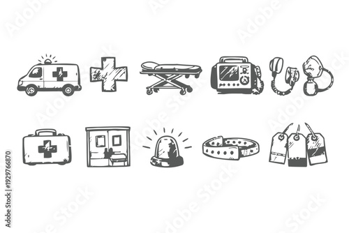 Set of medical and emergency equipment including ambulance stretcher and first aid kit