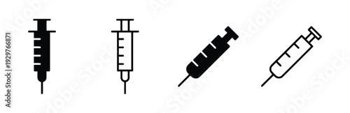 Set of medical syringe icons in various styles and orientations