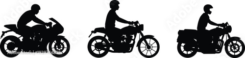 Black silhouettes of different motorcycle riders in various poses and bike styles isolated on white background for automotive graphics, biker events, and transport design.