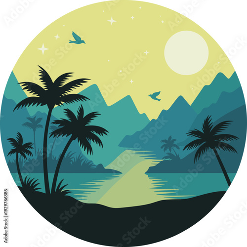 Tropical island landscape at night, serene lagoon with palm trees, moonlit mountains, tranquil paradise nature illustration vector art