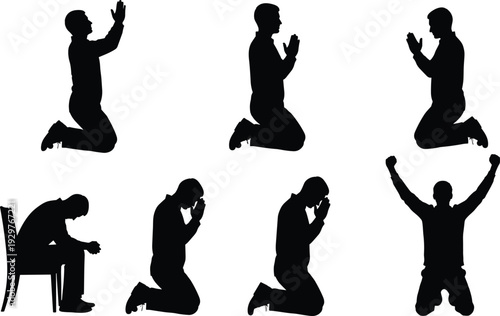Black silhouettes of men kneeling and sitting in prayer and meditation isolated on white background for spiritual and religious concepts.