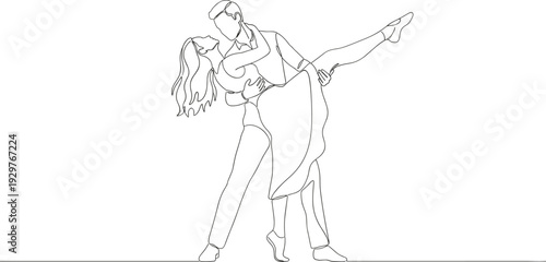 Minimalist continuous one line drawing of a romantic dancing couple in an elegant pose isolated on white background for wedding and ballroom events.