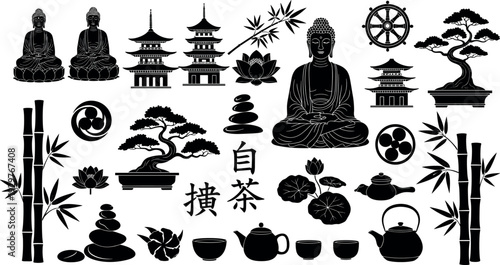 Black silhouette set of maple leaves with stems for autumn season nature decor Canada symbol forest foliage and botanical design