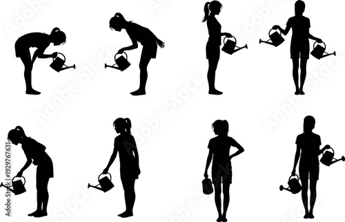 Black silhouette set of women gardeners holding watering cans in various poses for gardening landscaping home outdoor hobby and agricultural themes