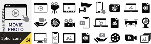 Set of solid icons for movie and photo related content in grayscale