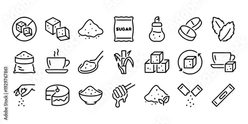 Set of sugar and sweet icons on white background for diet and nutrition concepts