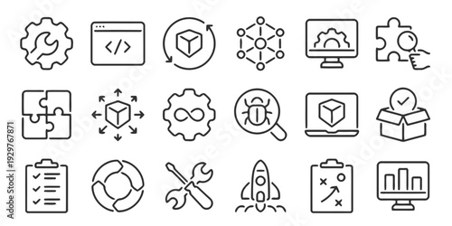 Set of technology and development icons for web and apps, representing coding, data, and processes