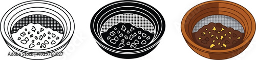 Set of gold panning icons including line art silhouette and realistic illustration representing mining and treasure hunting concepts