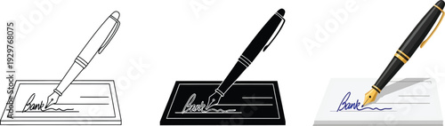 Collection of fountain pen icons signing a check representing financial transactions and legal documents isolated on white background