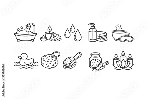 Spa and wellness icons for relaxation and self care line art set