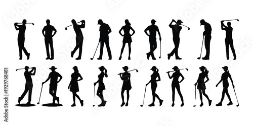 Silhouettes of male and female golfers in various swinging poses