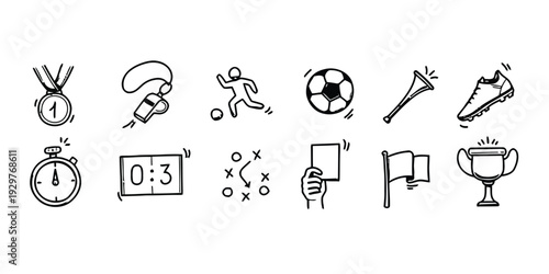 Soccer football sport icons in doodle style for game and team play
