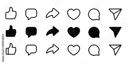 Social media icons set like thumb up, chat bubble, share, and heart outline filled