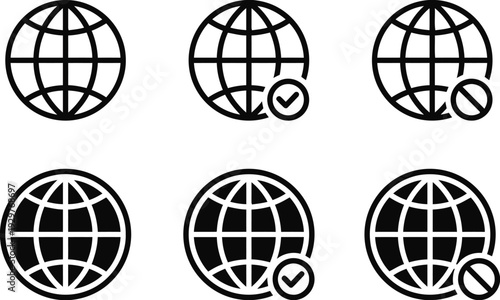 Solid and outline world globe icons showing status of global internet access and network security