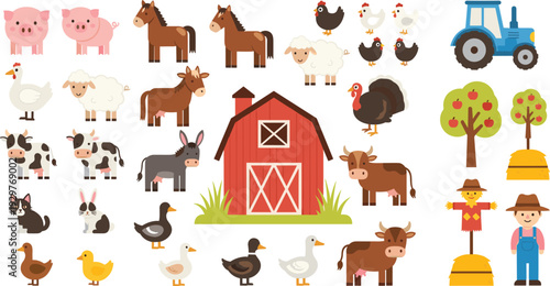 Farm Animals and Barn Collection with Tractor Farmer and Livestock Vector Illustration Set