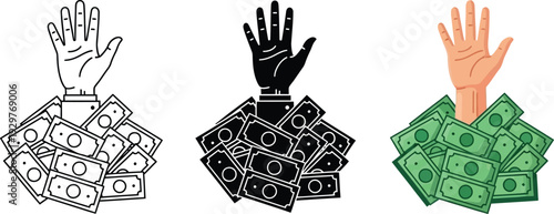 Hand emerging from pile of cash representing financial success or debt in line art silhouette and full color vector styles