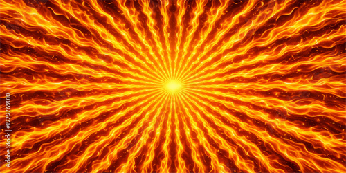 Abstract vector illustration of a bright sun burst with hot orange and red fire flames creating an energetic explosion texture design on an intense yellow light ray background