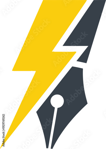 Dynamic logo combining a lightning bolt and a fountain pen nib, representing creative energy, inspiration, or fast writing.