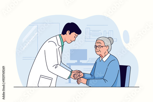 A doctor comforting an elderly woman with a gentle and reassuring touch