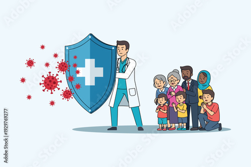 Doctor protecting a diverse family with a shield against viruses and illness