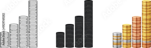Stack of coins in ascending order representing financial growth and investment isolated on white background