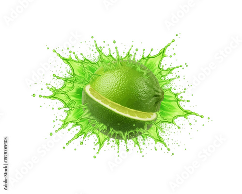 A dynamic vector graphic illustration capturing a vibrant green lime, partially sliced, as it bursts open with an energetic splash of refreshing juice, perfect for healthy drink designs.