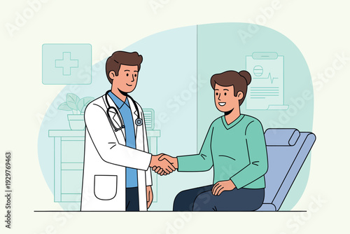 Doctor and patient shaking hands in a friendly medical consultation