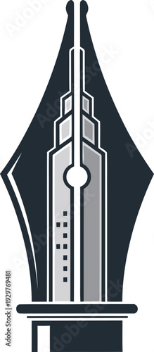 Modern logo design merging a skyscraper building with a fountain pen nib, symbolizing architecture, writing, or creative construction.