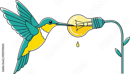 Whimsical vector illustration of a colorful hummingbird sipping light from a glowing flower-shaped light bulb, representing inspiration and energy.