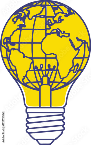 Creative illustration of a glowing light bulb containing a detailed world map, symbolizing global ideas, innovation, and international solutions.