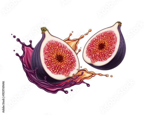 Stunning vector illustration of a luscious purple fig sliced in half bursting dramatically with vibrant fruit juices in motion.