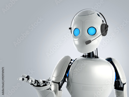 Photography 3D rendering of a white humanoid robot wearing a headset with a microphone, concept for AI customer service, digital assistant, and tech support