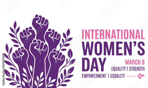 International Women's Day illustration featuring diverse raised fists in purple and pink tones with floral accents, symbolizing empowerment and solidarity