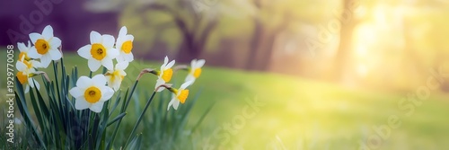 Cluster of white daffodils with yellow centers bloom vibrantly in a sunlit meadow, with soft-focus trees in the background.