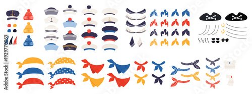 Sailor, pirate hat, cap, bandana, collar, neckerchief illustration isolated collection. Kids nautical design clip art set, accessory, costume element. Hand drawn flat vector on transparent background