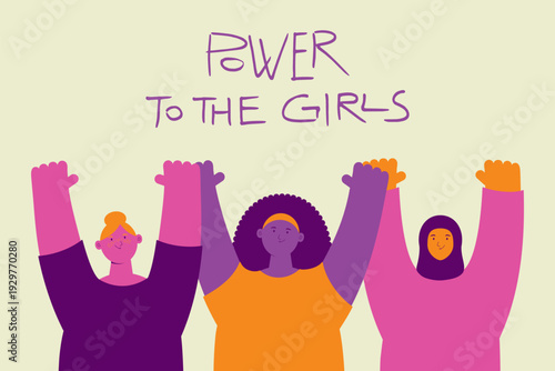Diverse beautiful happy women friends together. Female characters. Feminism, empowerment, girl power, gender equality concept. 8 March, Womens Day design element, banner. Flat vector illustration