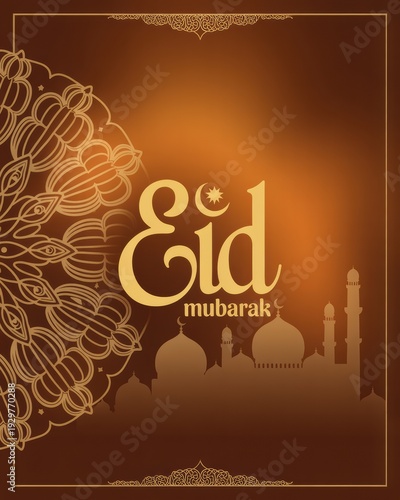 Rich brown Eid Mubarak card featuring golden Islamic motifs, mosque silhouette, and ornate mandala for a blessed celebration.
